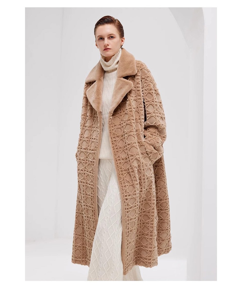 original geometric check pattern — new imported full pelt mink fur coat for women, over knee long style