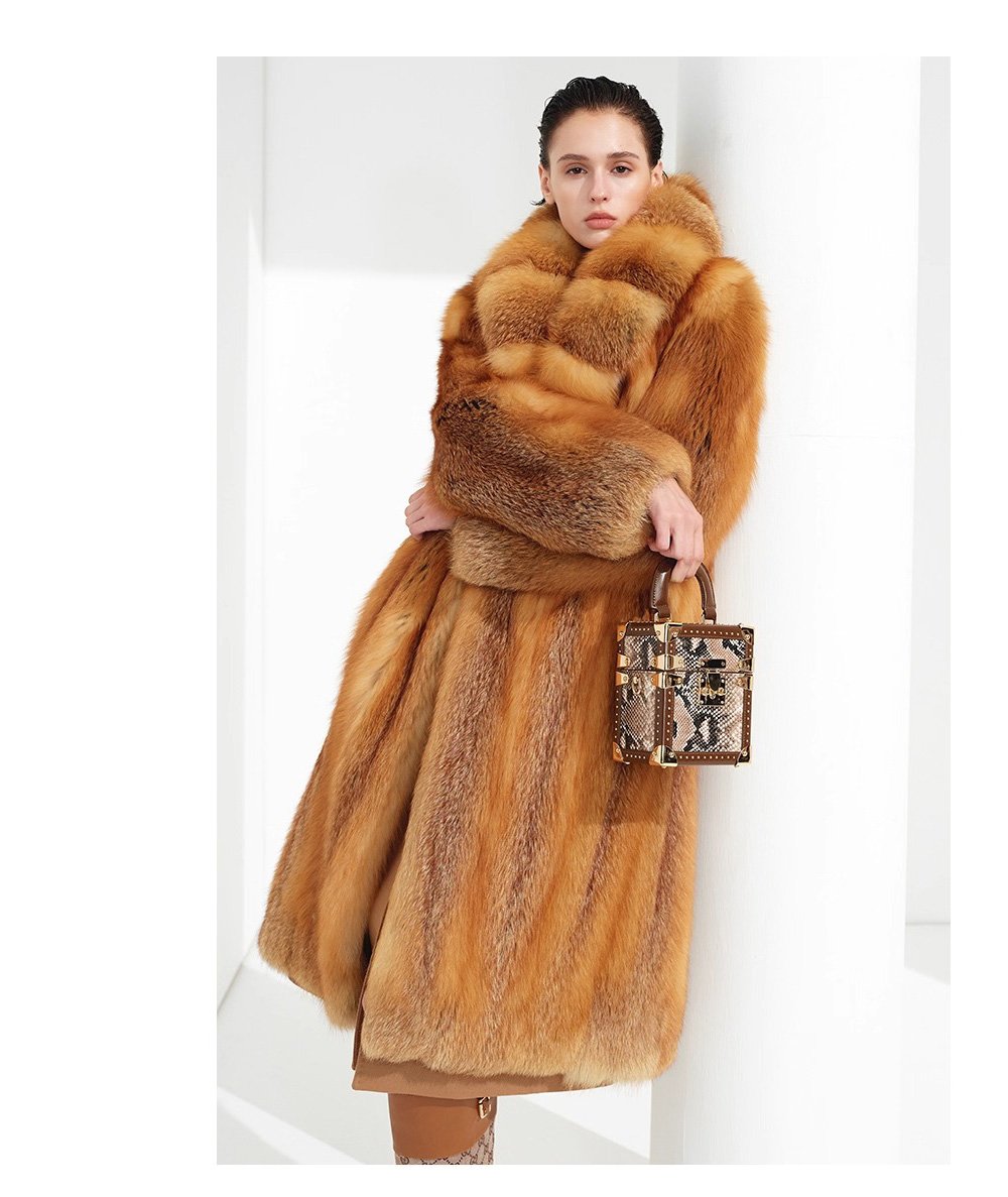 original “crimson ember” new imported finnish full skin fox fur coat — vintage luxury fur outerwear