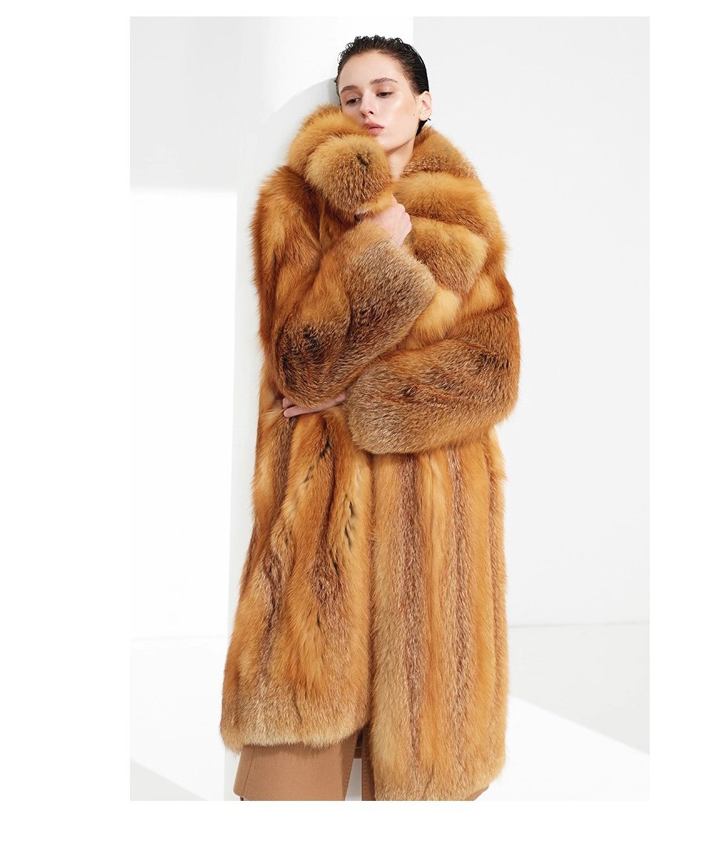 original “crimson ember” new imported finnish full skin fox fur coat — vintage luxury fur outerwear