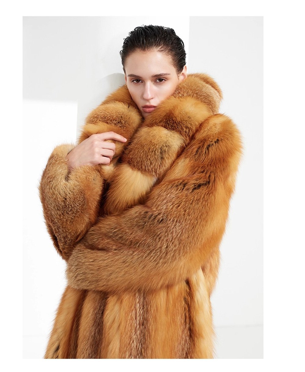 original “crimson ember” new imported finnish full skin fox fur coat — vintage luxury fur outerwear