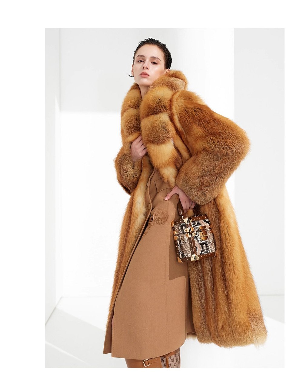 original “crimson ember” new imported finnish full skin fox fur coat — vintage luxury fur outerwear