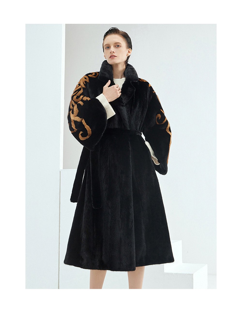 midnight gold pattern — new imported full pelt mink fur coat for women with stylish shawl design