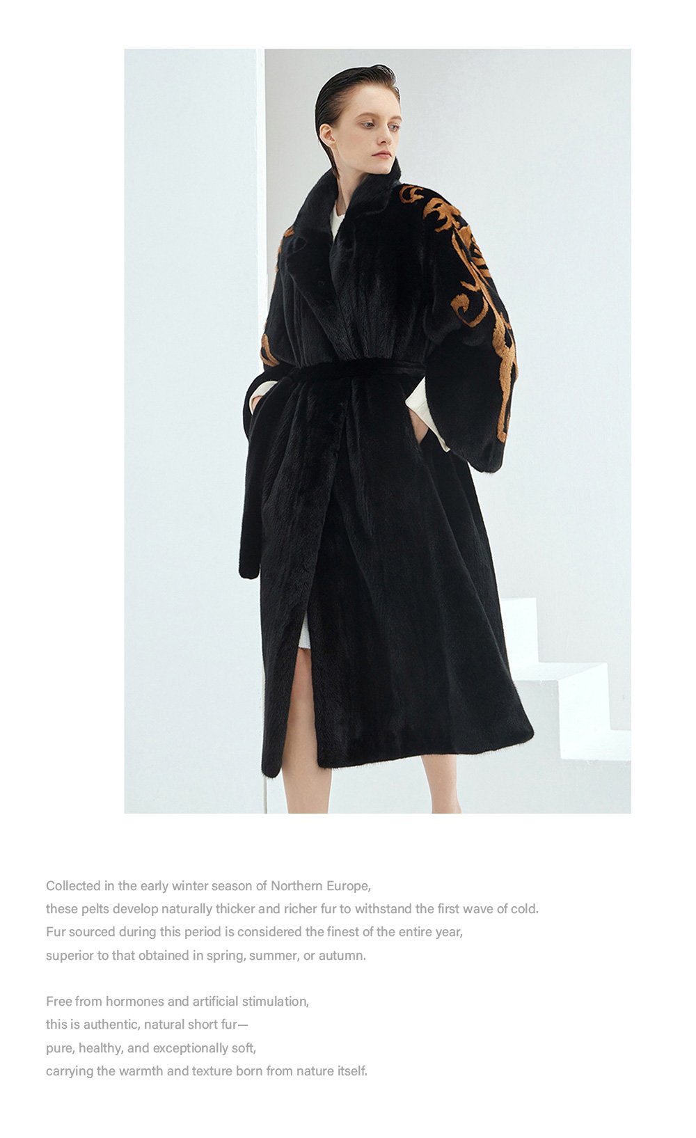 midnight gold pattern — new imported full pelt mink fur coat for women with stylish shawl design