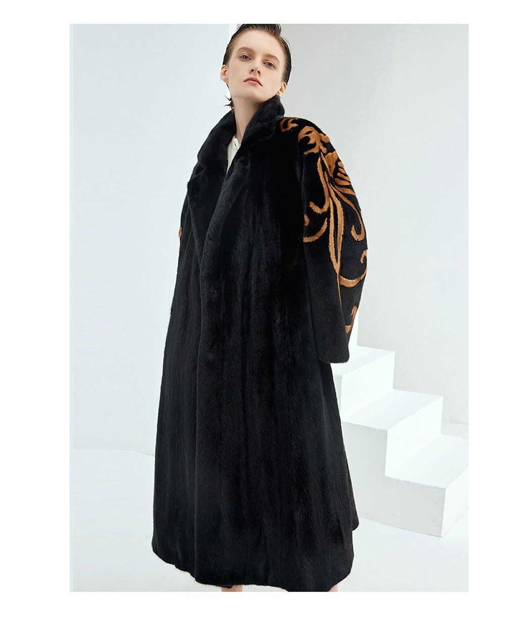 midnight gold pattern — new imported full pelt mink fur coat for women with stylish shawl design