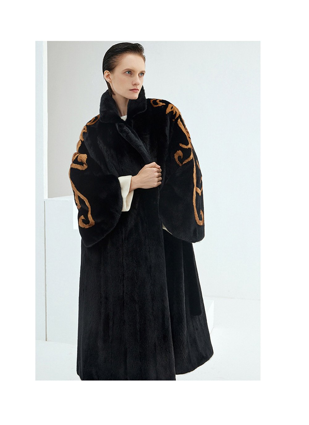 midnight gold pattern — new imported full pelt mink fur coat for women with stylish shawl design