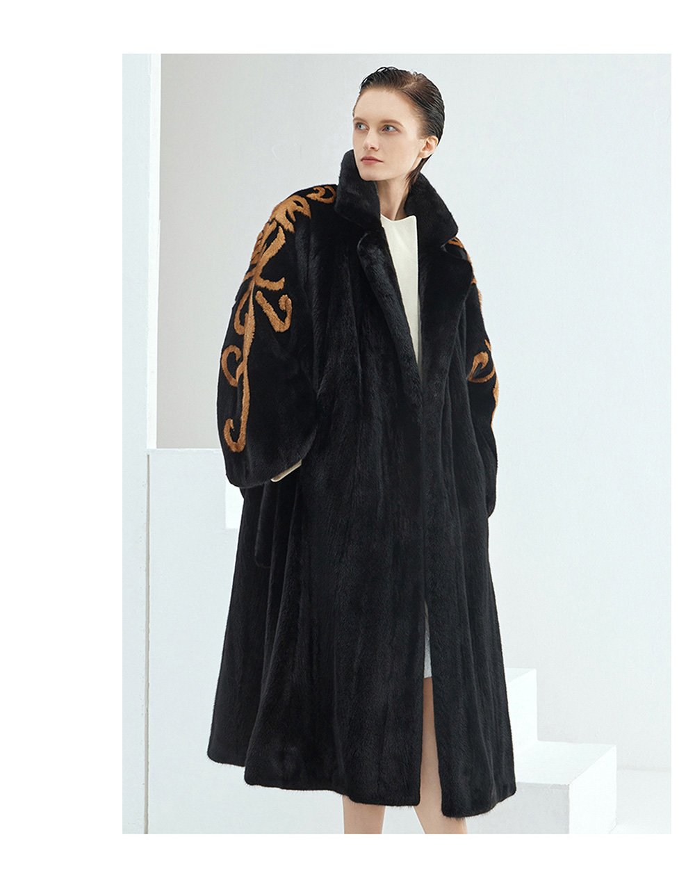 midnight gold pattern — new imported full pelt mink fur coat for women with stylish shawl design