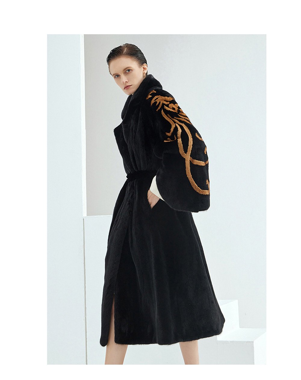 midnight gold pattern — new imported full pelt mink fur coat for women with stylish shawl design