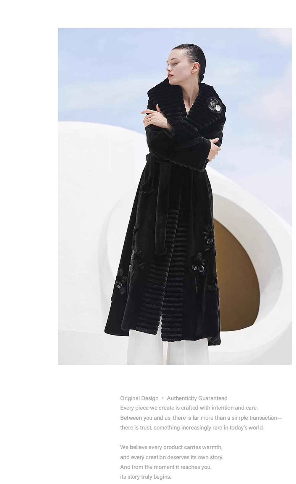velvet mink fur coat for women — full pelt design with floral inlay, classic black, new arrival