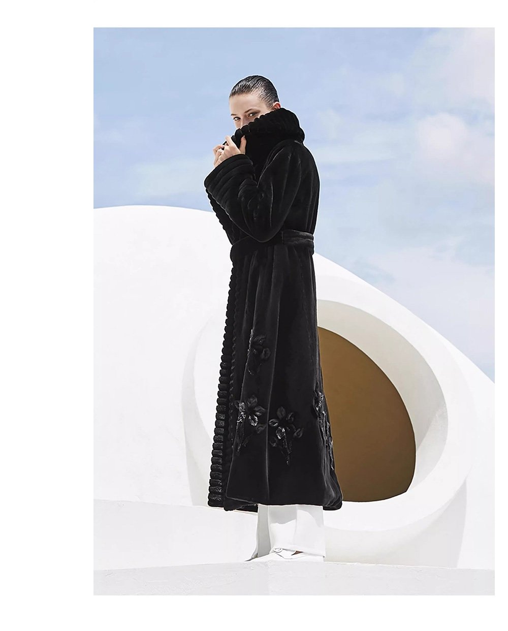 velvet mink fur coat for women — full pelt design with floral inlay, classic black, new arrival