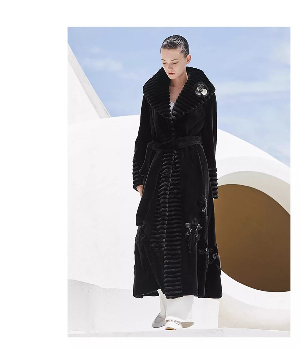 velvet mink fur coat for women — full pelt design with floral inlay, classic black, new arrival