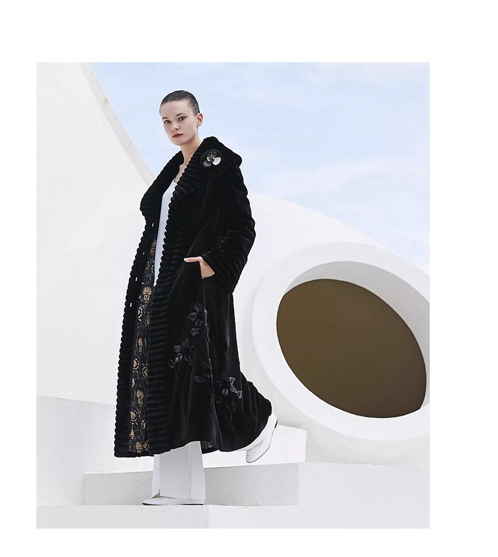 velvet mink fur coat for women — full pelt design with floral inlay, classic black, new arrival