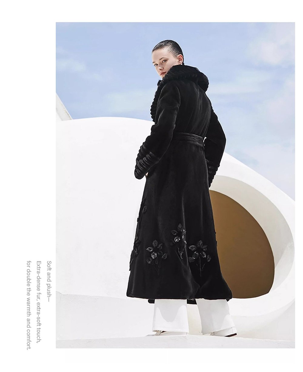 velvet mink fur coat for women — full pelt design with floral inlay, classic black, new arrival