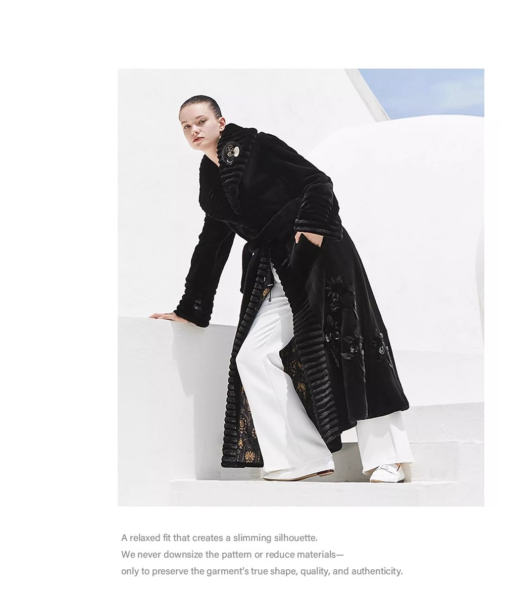 velvet mink fur coat for women — full pelt design with floral inlay, classic black, new arrival