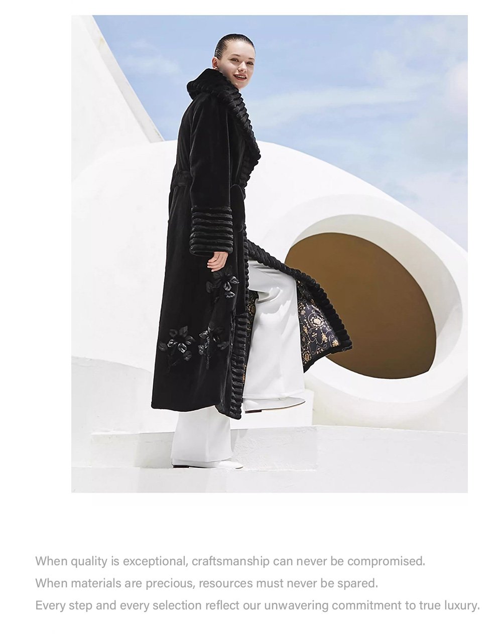 velvet mink fur coat for women — full pelt design with floral inlay, classic black, new arrival