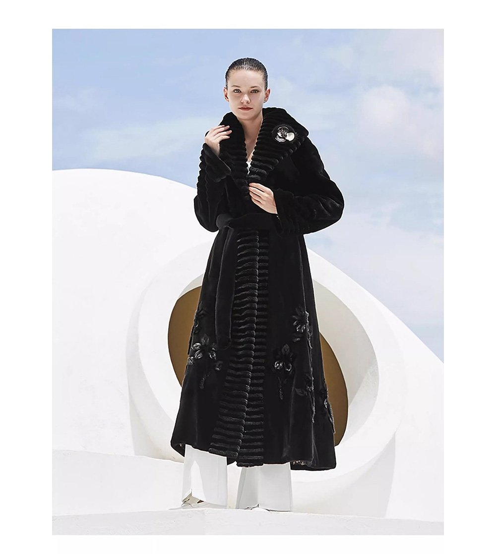 velvet mink fur coat for women — full pelt design with floral inlay, classic black, new arrival