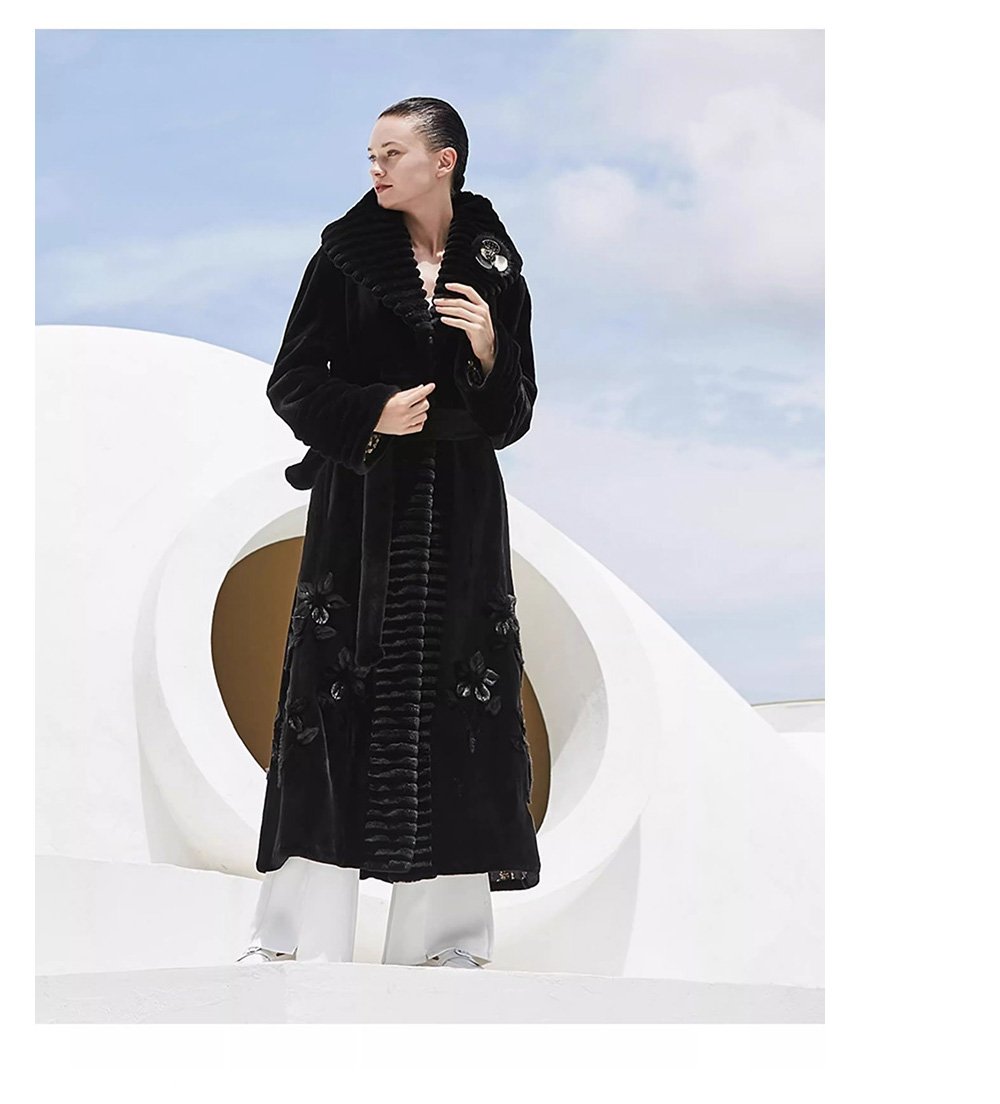 velvet mink fur coat for women — full pelt design with floral inlay, classic black, new arrival