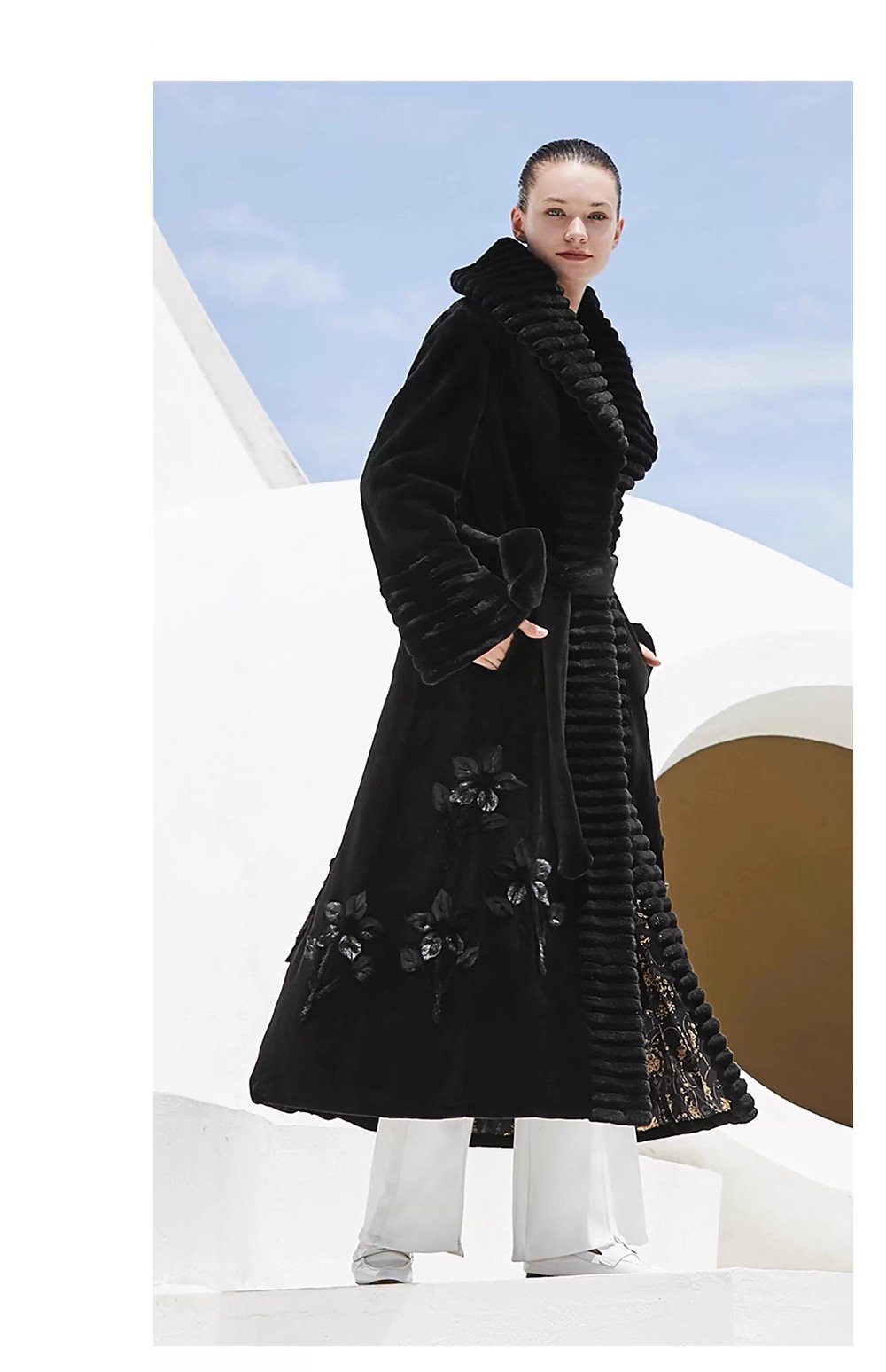 velvet mink fur coat for women — full pelt design with floral inlay, classic black, new arrival