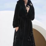velvet mink fur coat for women — full pelt design with floral inlay, classic black, new arrival