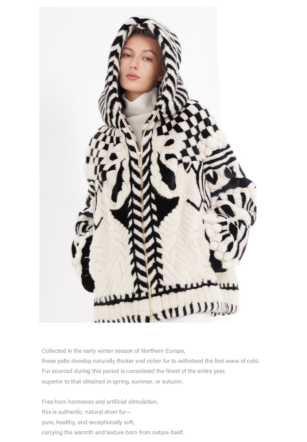 original handcrafted concept coat — new winter hooded fur jacket for women, youthful imported mink fur coat